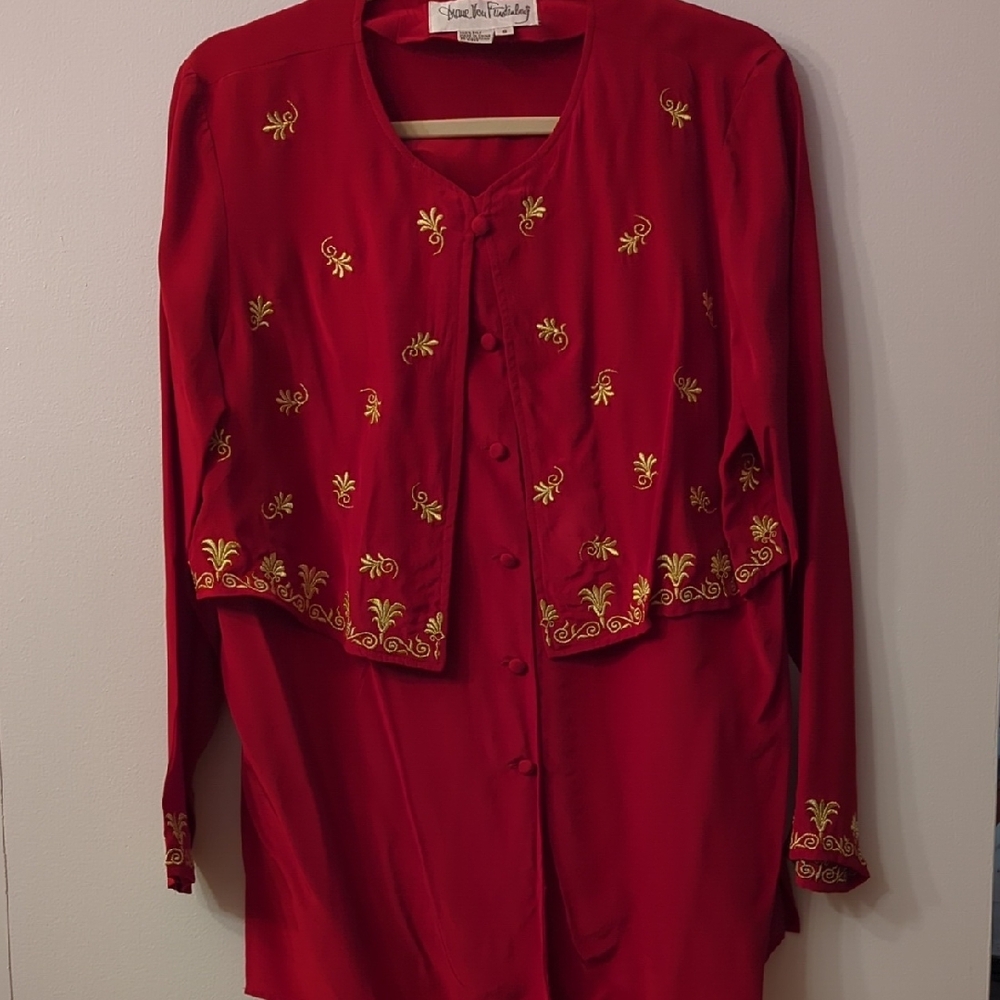 Vintage 80s Diane Von Furstenberg Red Blouse with Gold Embroidery - Picture 2 of 3